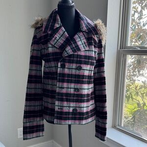 PINK Victoria's Secret Black & Gray Plaid Peacoat with Pink Trim